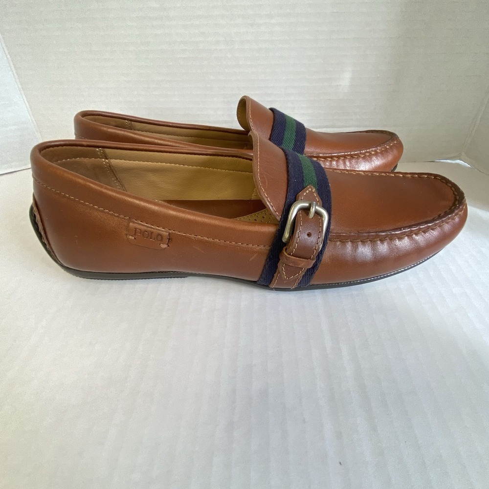 Polo Ralph Lauren Mens Brown Leather Driving Loafers Striped Webbing Strap 9D